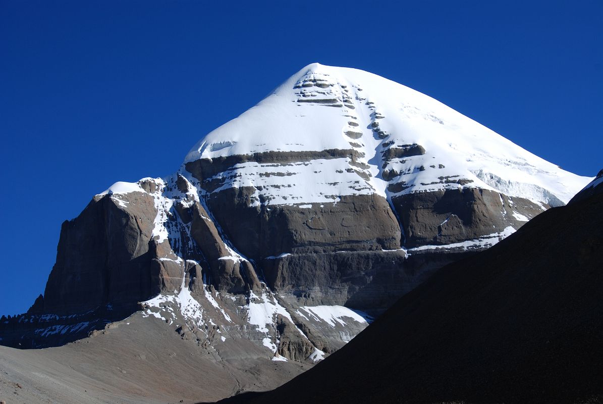 07 Mount Kailash South Face First Full View At Crest Of Ridge On Mount Kailash Inner Kora Nandi Parikrama Finally after cresting the ridge (08:28, 5423m) above the confluence of the two dry rivers the Mount Kailash South Face comes fully into view.